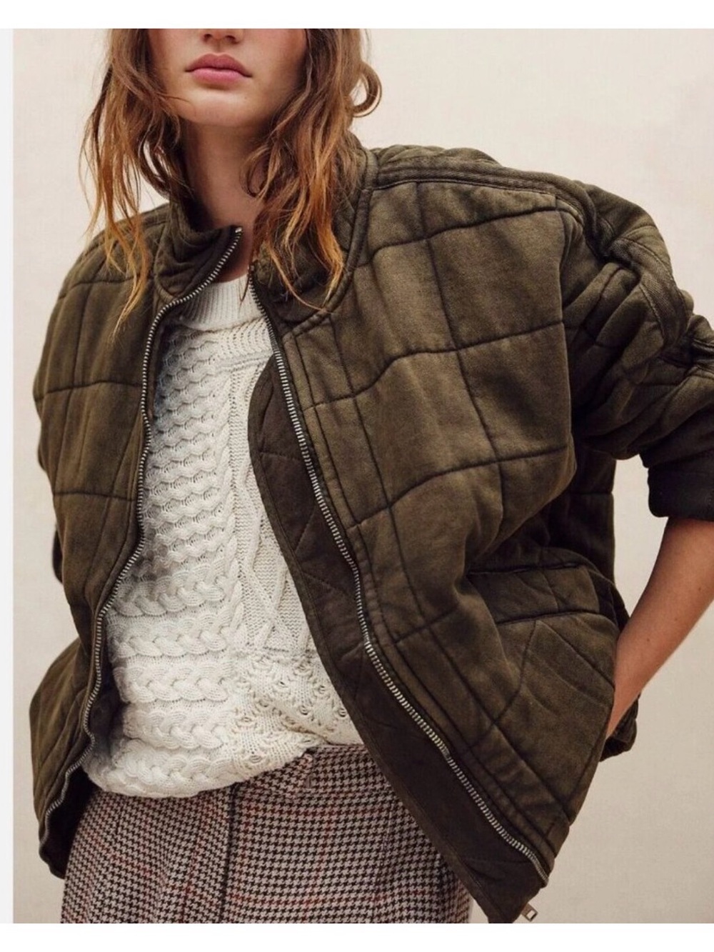 Free People Dolman Quilted Olive Knit Bomber Jacket